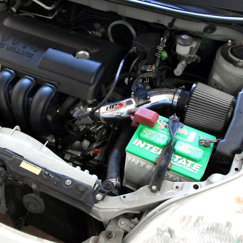 HPS Shortram Air Intake Kit for 03-04 Toyota Corolla Matrix XR Pontiac Vibe 1.8L 1ZZ-FE SKU 827-513P, polished installed engine bay view