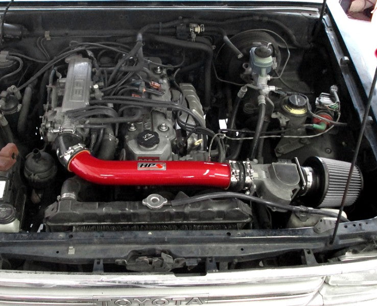 HPS Shortram Air Intake Kit for 89-95 Toyota Pickup 4Runner 2.4L 22RE SKU 827-514R, red installed engine bay view