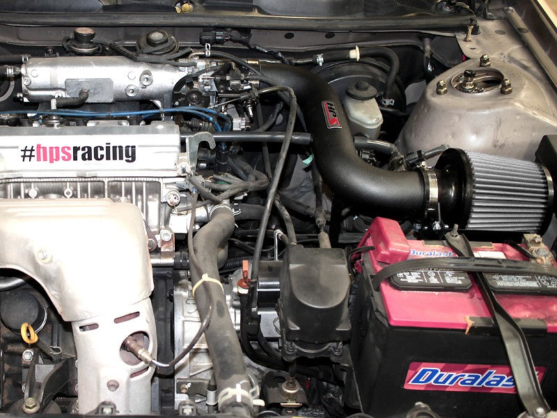 HPS Shortram Air Intake Heat Shield Kit for 97-01 Toyota Camry / 99-01 Solara 2.2L SKU 827-526WB, wrinkle black installed engine bay view