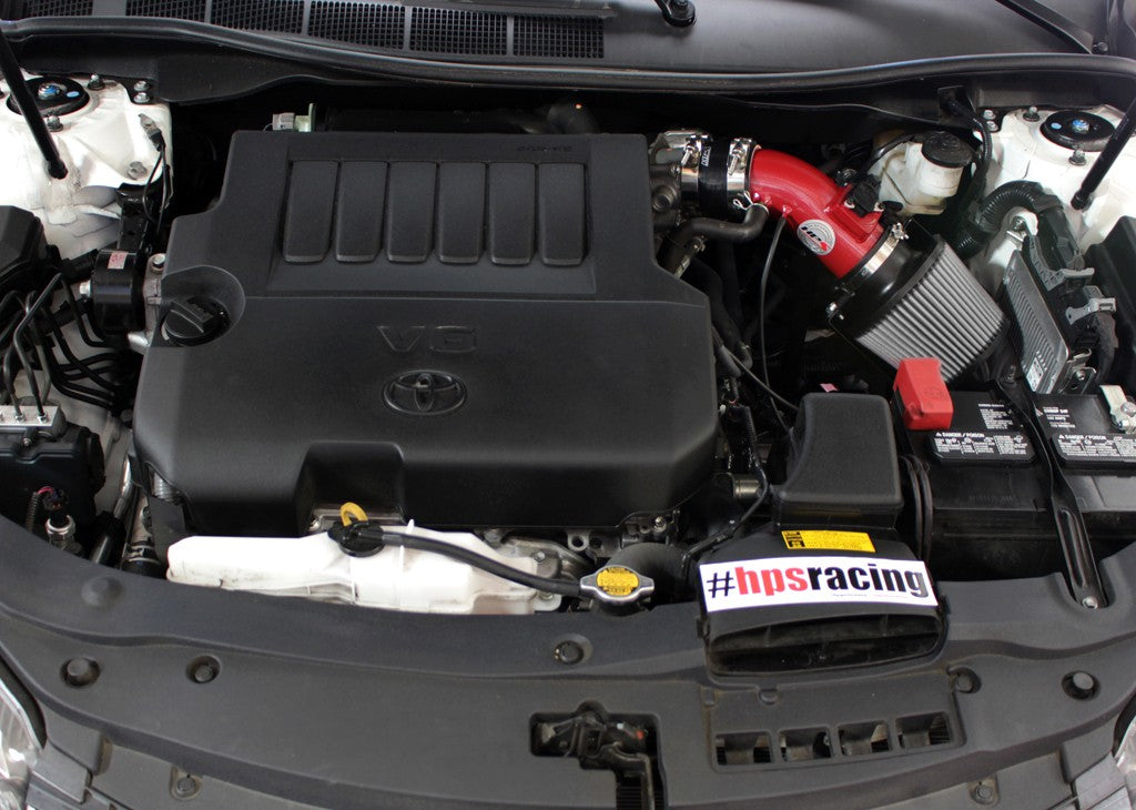 HPS Shortram Air Intake Heat Shield Kit for 07-17 Camry / 09-16 Venza 3.5L V6 SKU 827-534R, red installed engine bay view