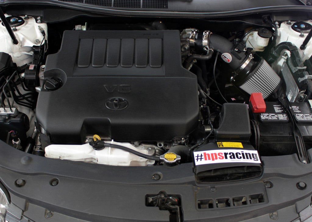 HPS Shortram Air Intake Heat Shield Kit for 07-17 Camry / 09-16 Venza 3.5L V6 SKU 827-534WB, wrinkle black installed engine bay view