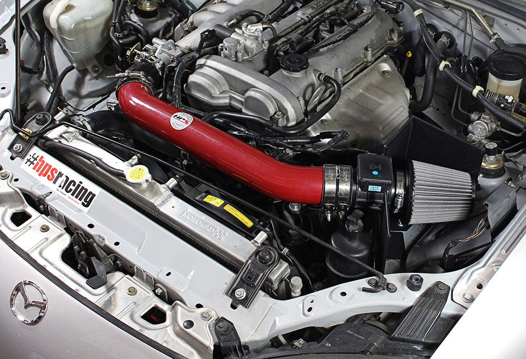 HPS Shortram Air Intake Heat Shield Kit for 99-05 Mazda Miata 1.8L Non Turbo SKU 827-537R, red installed engine bay view