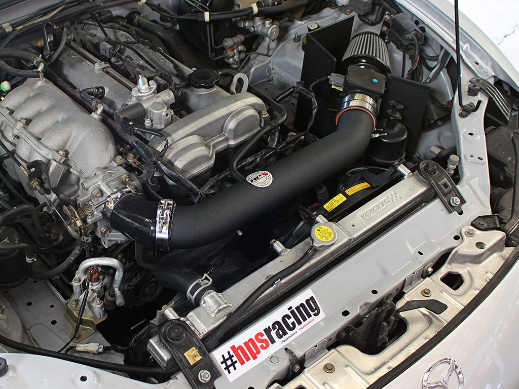 HPS Shortram Air Intake Heat Shield Kit for 99-05 Mazda Miata 1.8L Non Turbo SKU 827-537WB, wrinkle black installed engine bay view
