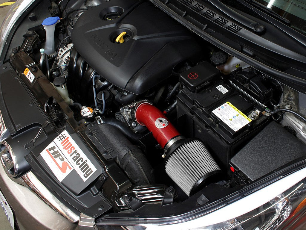HPS Shortram Air Intake Heat Shield Kit for 11-16 Hyundai Elantra 1.8L SKU 827-538R, red alternate installed engine bay view