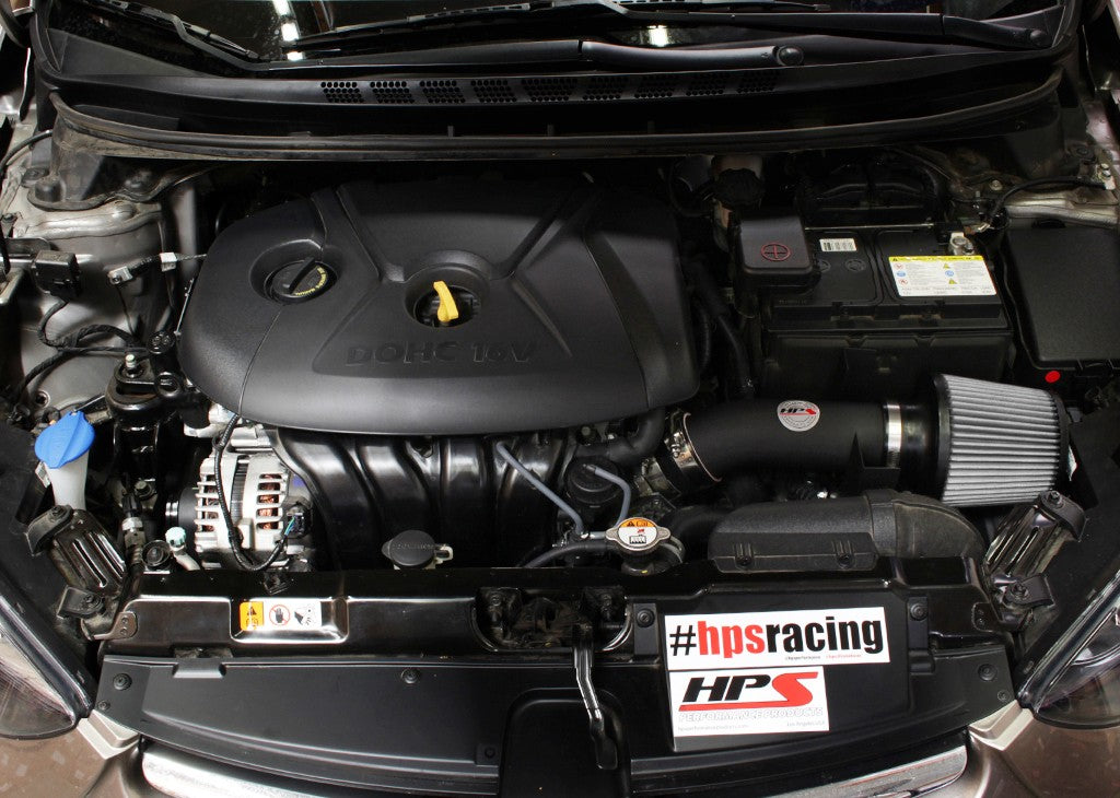 HPS Shortram Air Intake Heat Shield Kit for 11-16 Hyundai Elantra 1.8L SKU 827-538WB, wrinkle black installed engine bay view