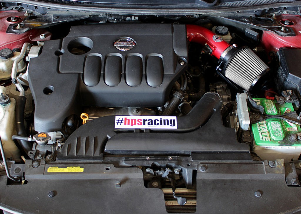 HPS Shortram Air Intake Heat Shield Kit for 07-12 Altima / 08-13 Altima Coupe 2.5L SKU 827-546R, red installed engine bay view