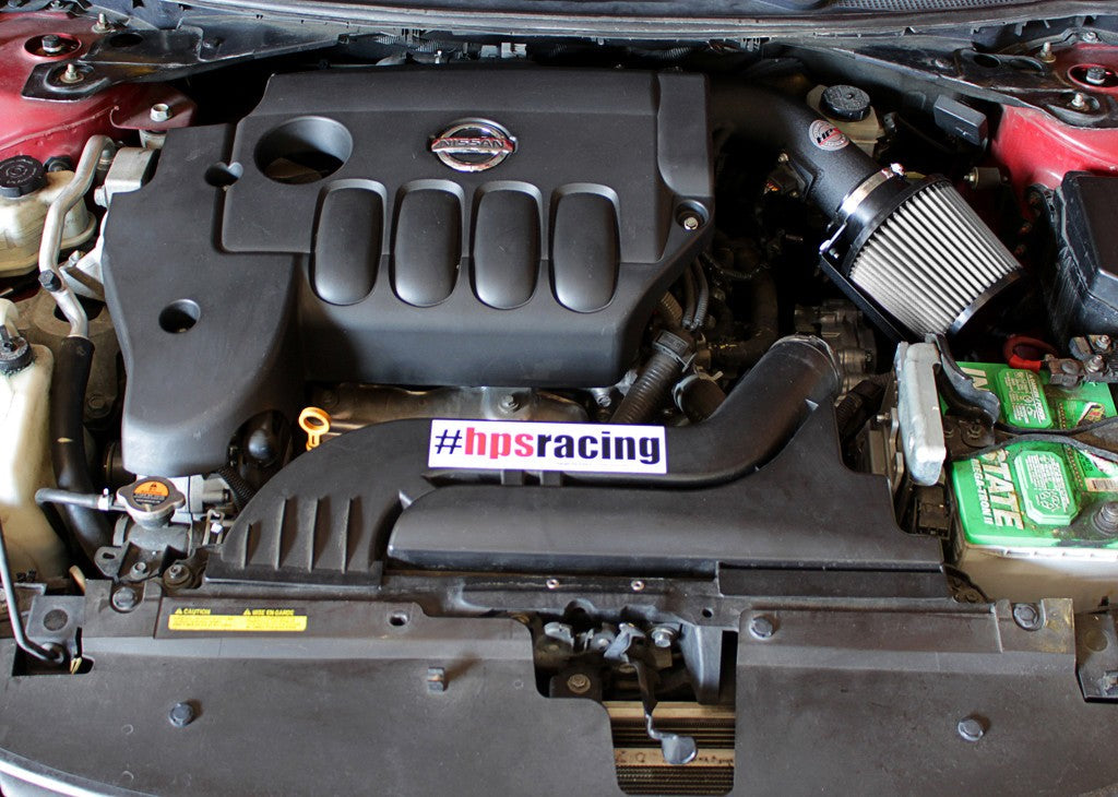 HPS Shortram Air Intake Heat Shield Kit for 07-12 Altima / 08-13 Altima Coupe 2.5L SKU 827-546WB, wrinkle black installed engine bay view