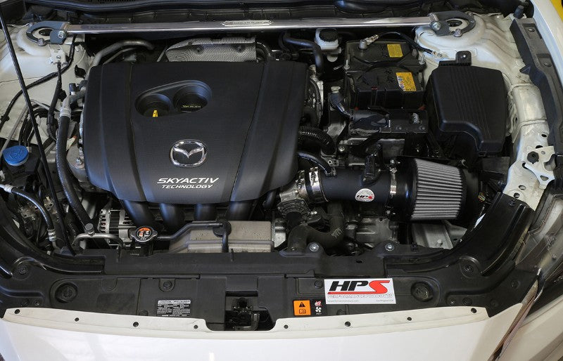 HPS Shortram Air Intake Heat Shield Kit for 14-17 Mazda Mazda6 2.5L SKU 827-547WB, wrinkle black installed engine bay view