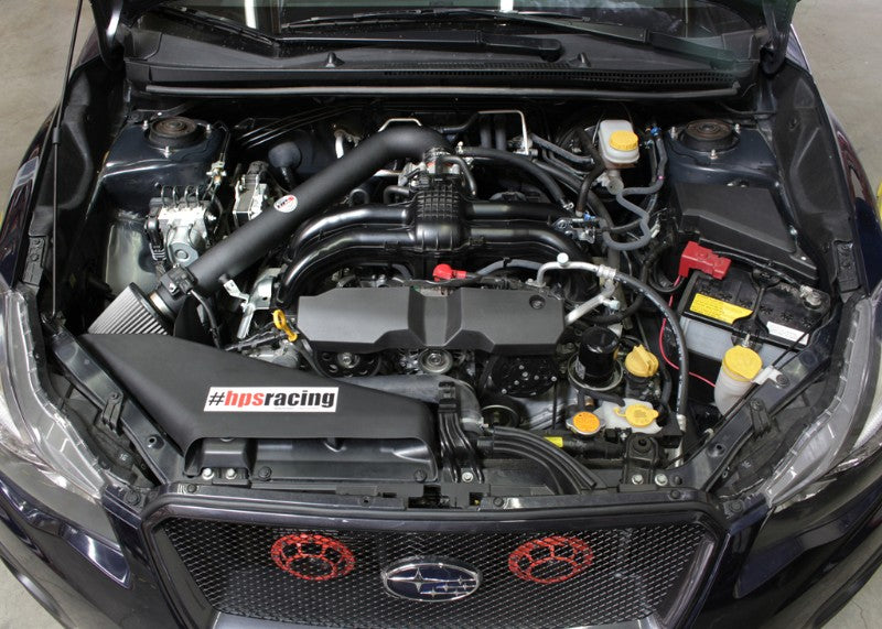 HPS Shortram Air Intake Heat Shield Kit for 11-18 Forester 2.5L / 12-16 Impreza / 13-17 Crosstrek 2.0L SKU 827-563WB, wrinkle black installed engine bay view