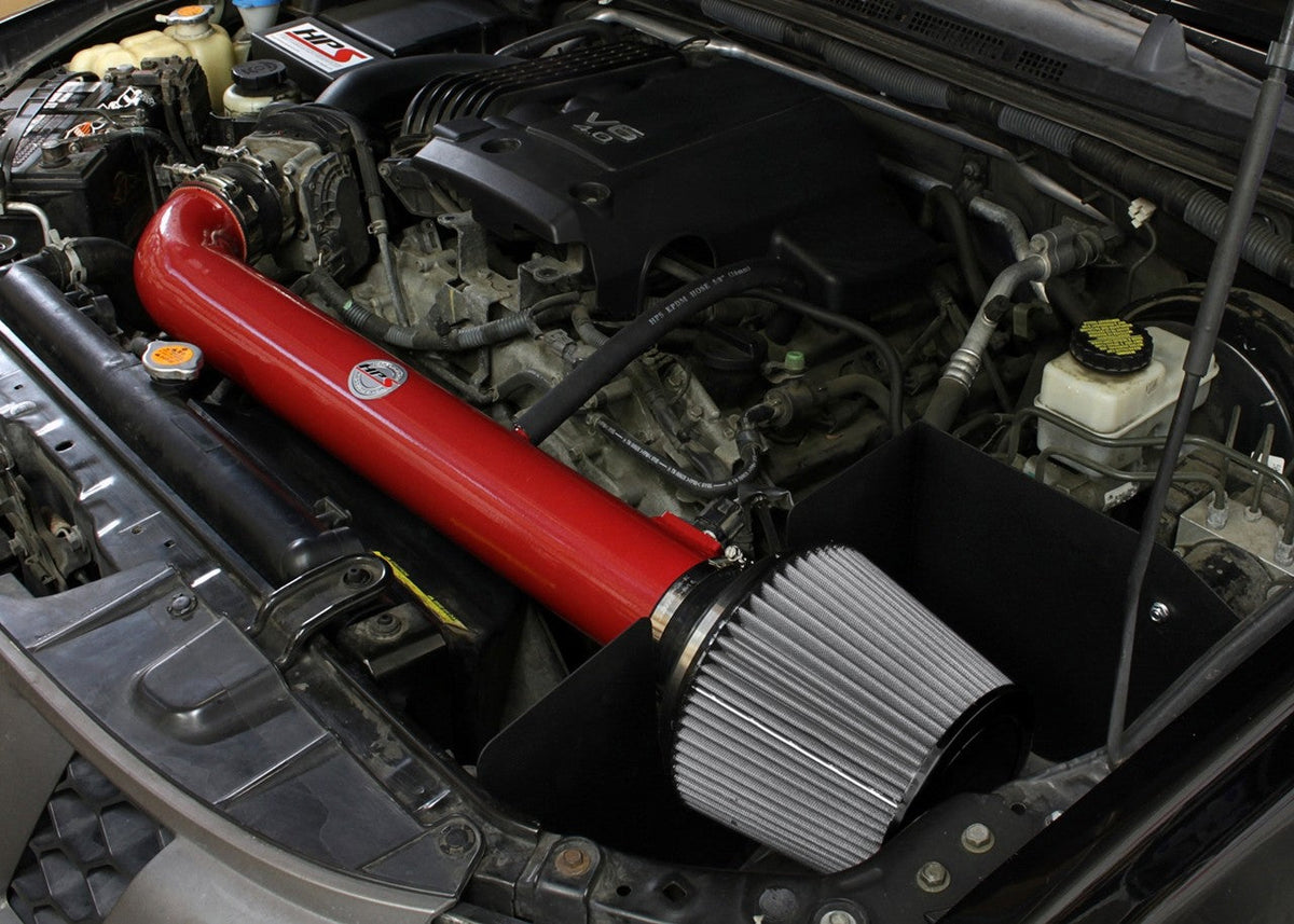 HPS Shortram Air Intake Heat Shield Kit for 05-15 Xterra/Frontier/Pathfinder 4.0L V6 SKU 827-567R, red installed engine bay view