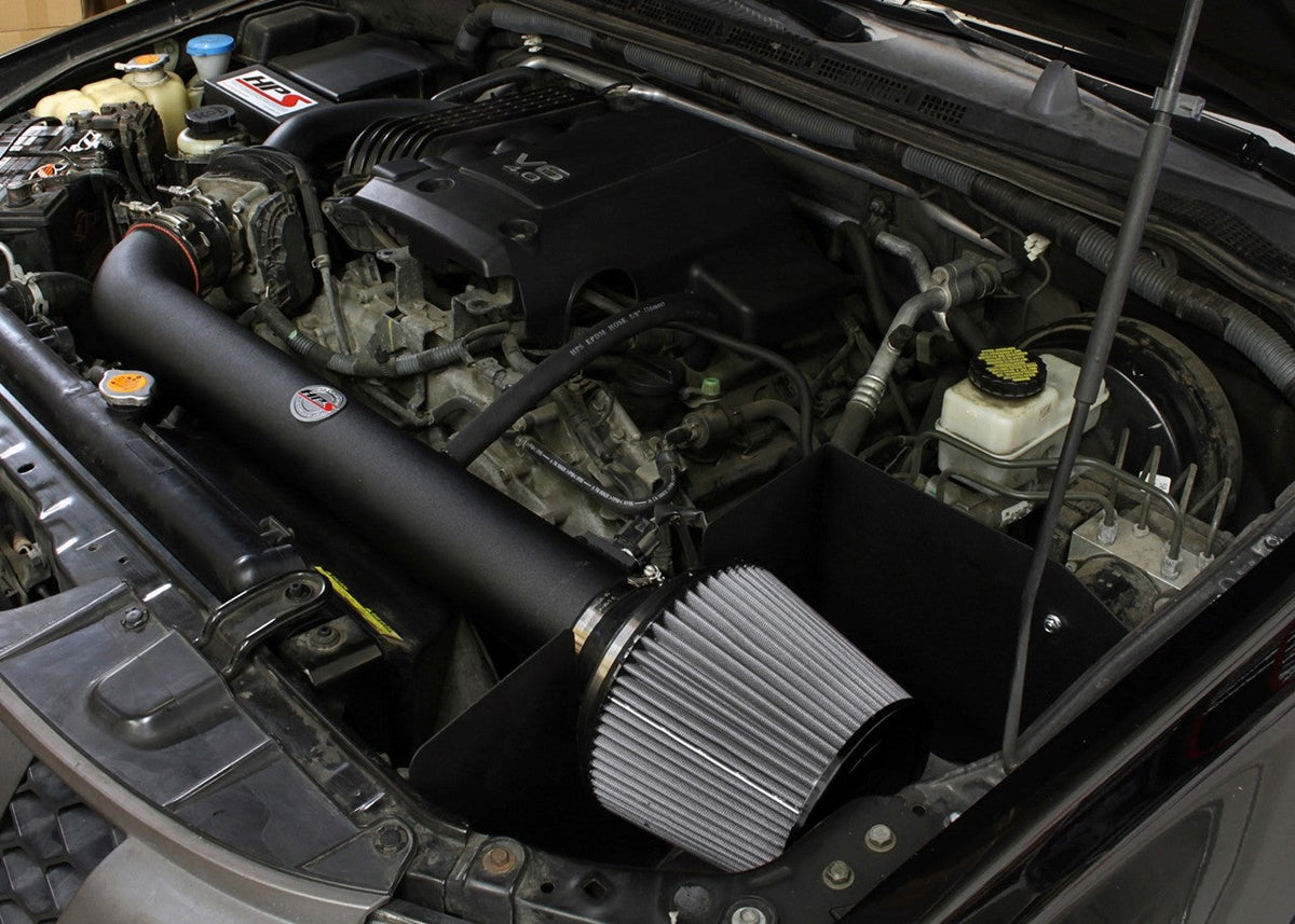 HPS Shortram Air Intake Heat Shield Kit for 05-15 Xterra/Frontier/Pathfinder 4.0L V6 SKU 827-567WB, wrinkle black installed engine bay view