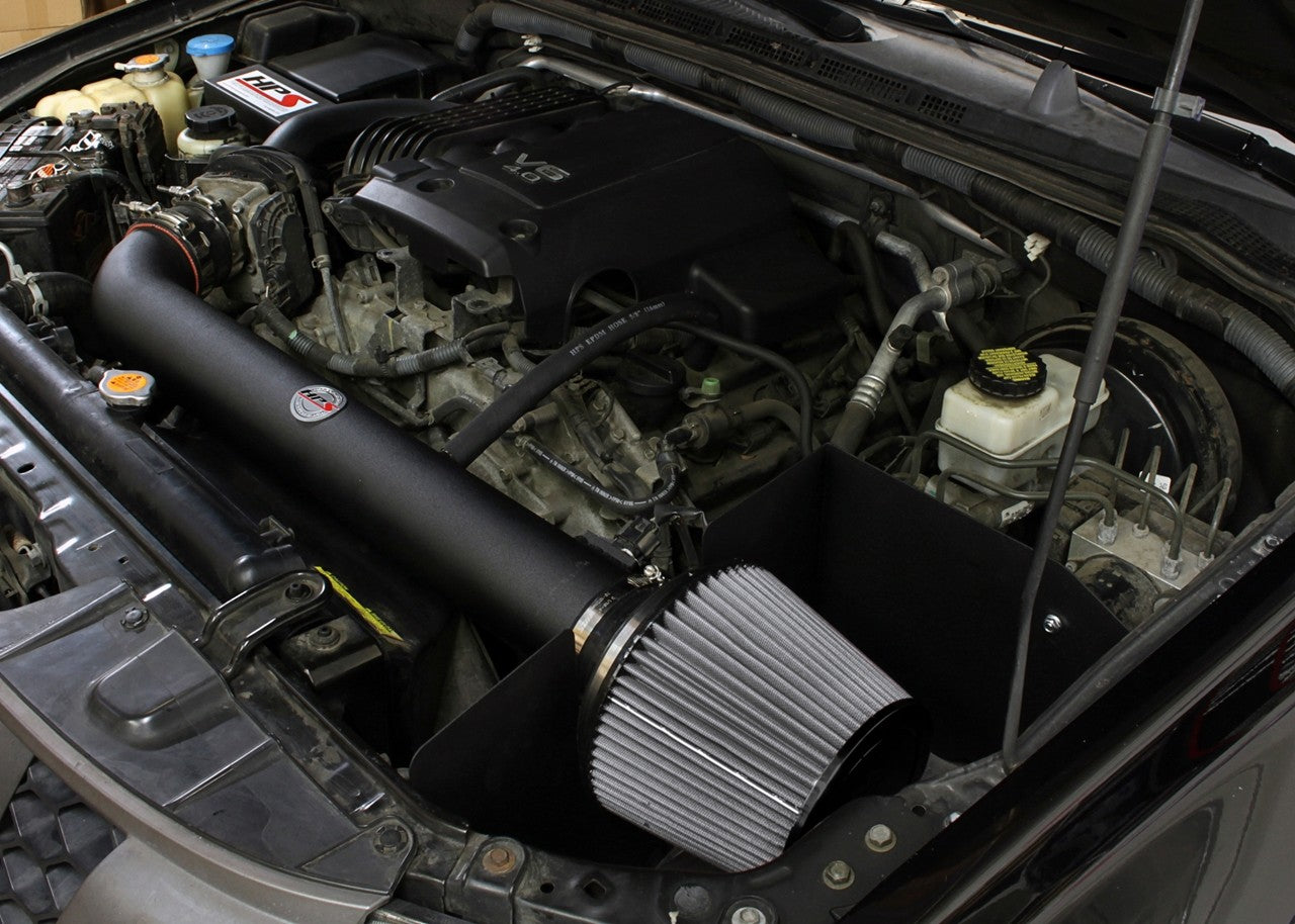 HPS Shortram Air Intake Heat Shield Kit for 05-15 Xterra/Frontier/Pathfinder 4.0L V6 SKU 827-567WB, wrinkle black installed engine bay view