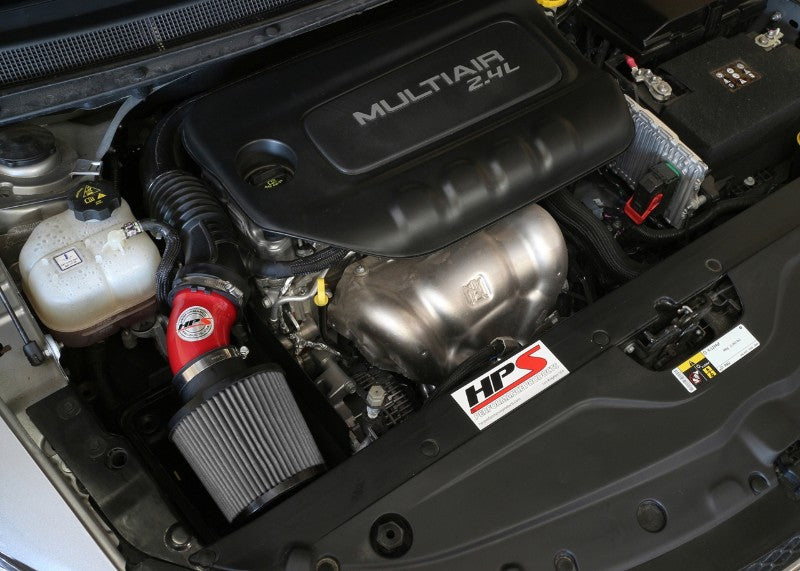 HPS Shortram Air Intake Heat Shield Kit for 15-17 Chrysler 200 2.4L SKU 827-574R, red installed engine bay view