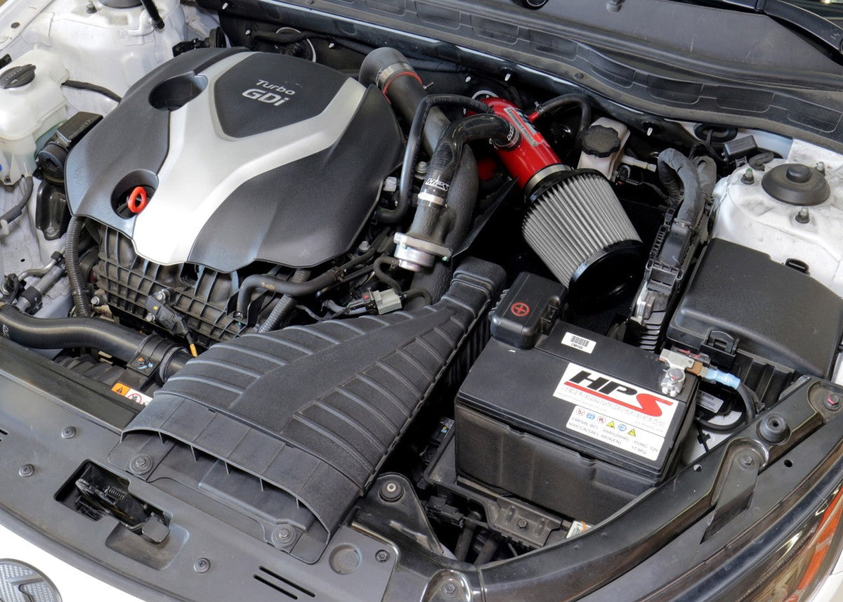 HPS Shortram Air Intake Heat Shield Kit for 11-15 Kia Optima / 11-14 Hyundai Sonata 2.0L Turbo SKU 827-587R, red installed engine bay view