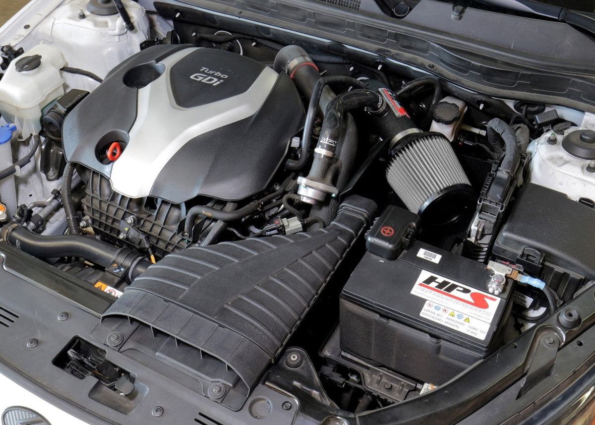 HPS Shortram Air Intake Heat Shield Kit for 11-15 Kia Optima / 11-14 Hyundai Sonata 2.0L Turbo SKU 827-587WB, wrinkle black installed engine bay view