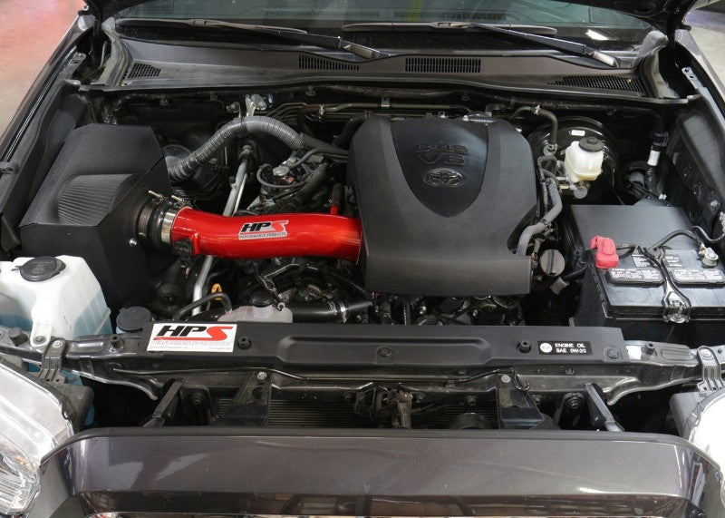 HPS Shortram Air Intake Heat Shield Kit for 16-23 Toyota Tacoma 3.5L V6 SKU 827-595R, red installed engine bay view