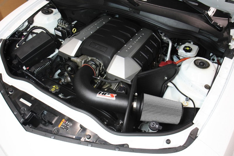 HPS Shortram Air Intake Heat Shield Kit for 10-15 Chevy Camaro SS 6.2L V8 SKU 827-607WB, wrinkle black installed engine bay view