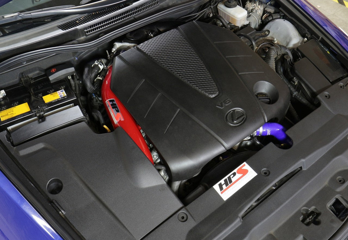 HPS Shortram Air Intake Heat Shield Kit for Lexus 14-15 IS250 / 16-20 IS300 / 14-20 IS350 V6 SKU 827-623R, red installed engine bay view