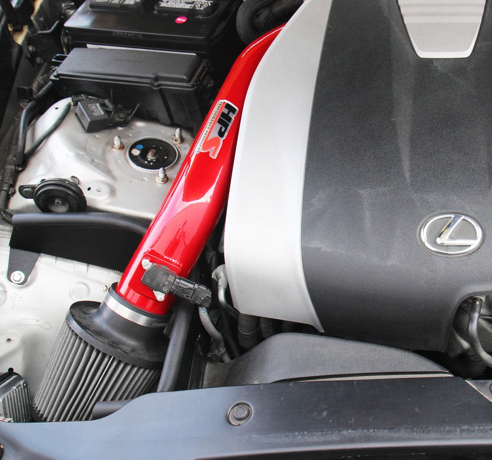 HPS Shortram Air Intake Heat Shield Kit for Lexus 14-15 IS250 / 16-20 IS300 / 14-20 IS350 V6 SKU 827-623R, red alternate installed engine bay view
