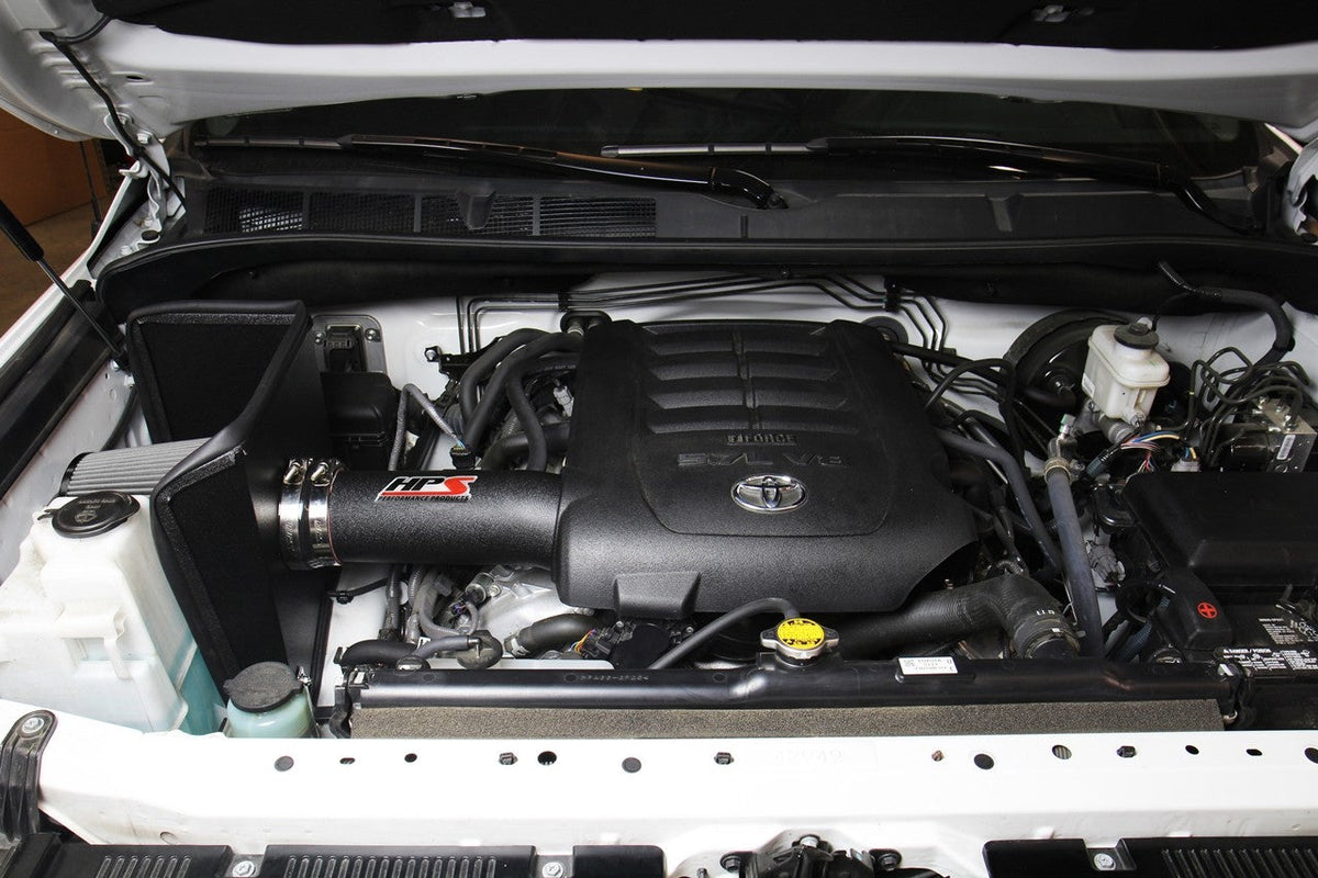 HPS Shortram Air Intake Heat Shield Kit 12-22 Toyota Sequoia / 12-21 Toyota Tundra 5.7L V8 SKU 827-630WB, wrinkle black installed engine bay view