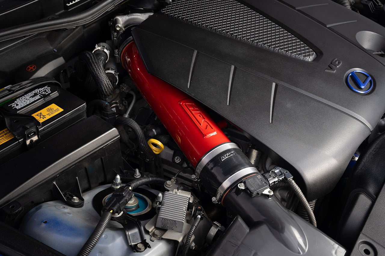 HPS Aluminum Air Intake System Kit with Filter for Lexus IS 06-13 Sedan / 10-15 Convertible XE20 SKU 827-710R, red installed engine bay view