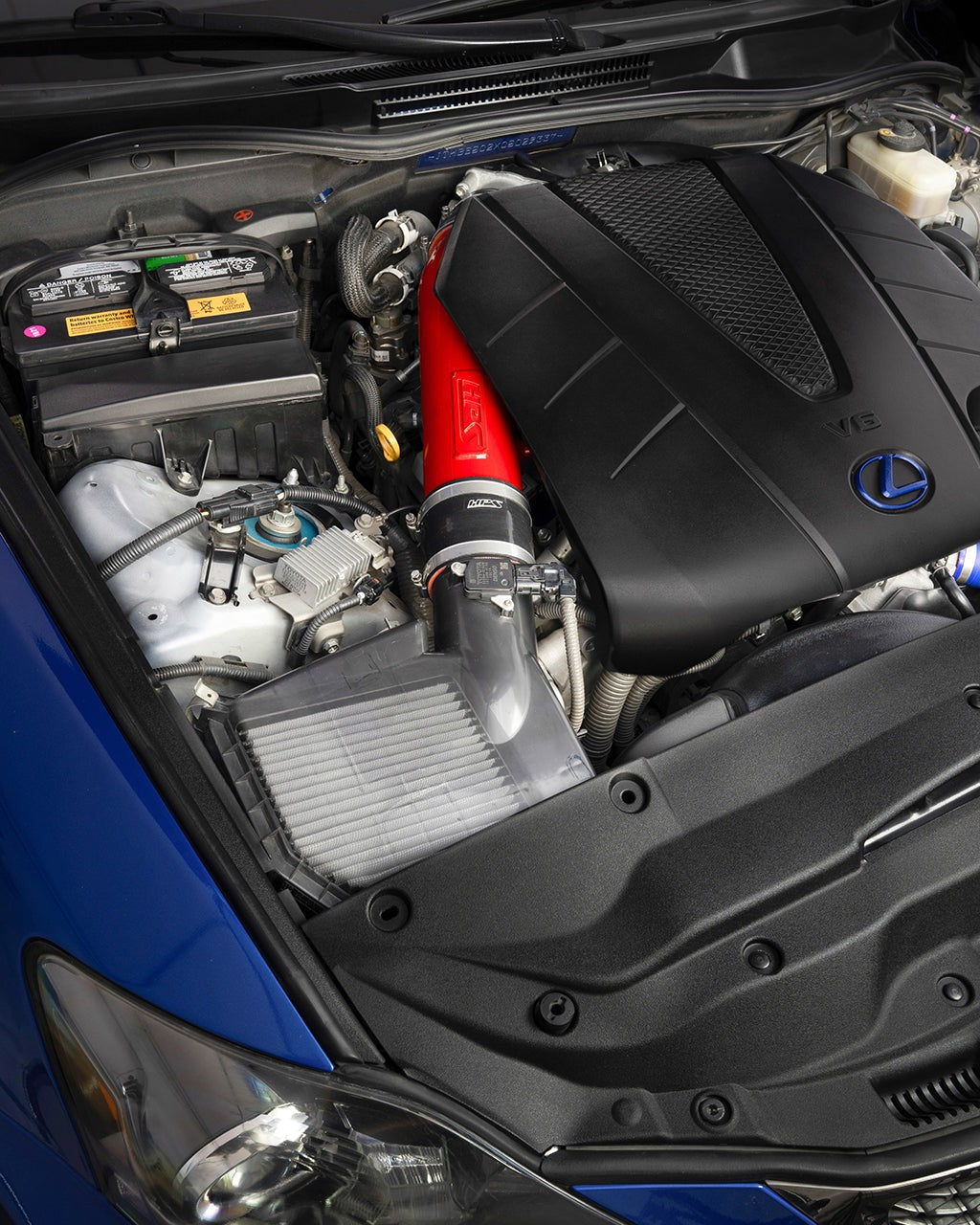 HPS Aluminum Air Intake System Kit with Filter for Lexus IS 06-13 Sedan / 10-15 Convertible XE20 SKU 827-710R, red alternate installed engine bay view