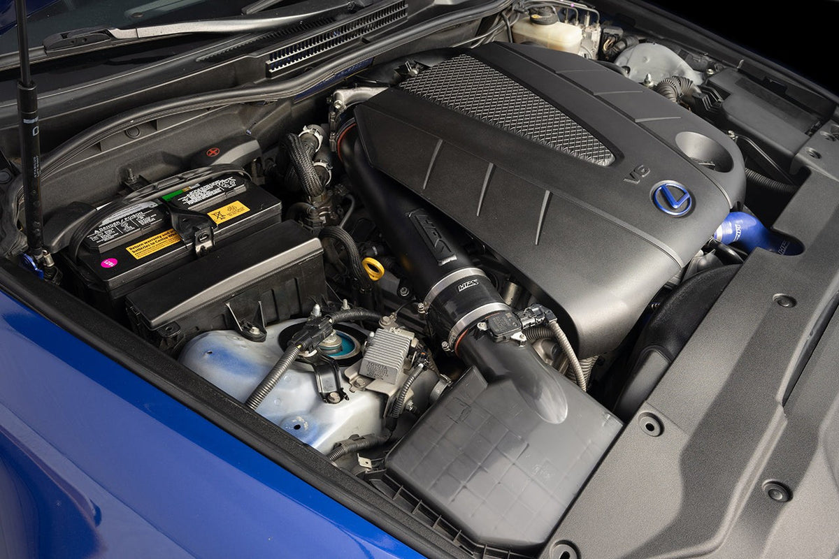 HPS Aluminum Air Intake System Kit with Filter for Lexus IS 06-13 Sedan / 10-15 Convertible XE20 SKU 827-710WB, wrinkle black installed engine bay view