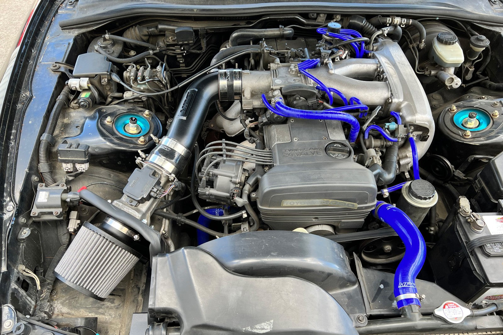 HPS Shortram Air Intake Heat Shield Kit for 93-96 Toyota Supra 3.0L Non Turbo 2JZ-GE, alternate installed engine bay view