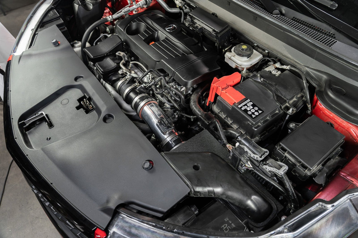 HPS Shortram Air Intake Heat Shield Kit for 19+ Acura RDX 2.0L Turbo TC1 / TC2 SKU 827-729P, polished alternate installed engine bay view