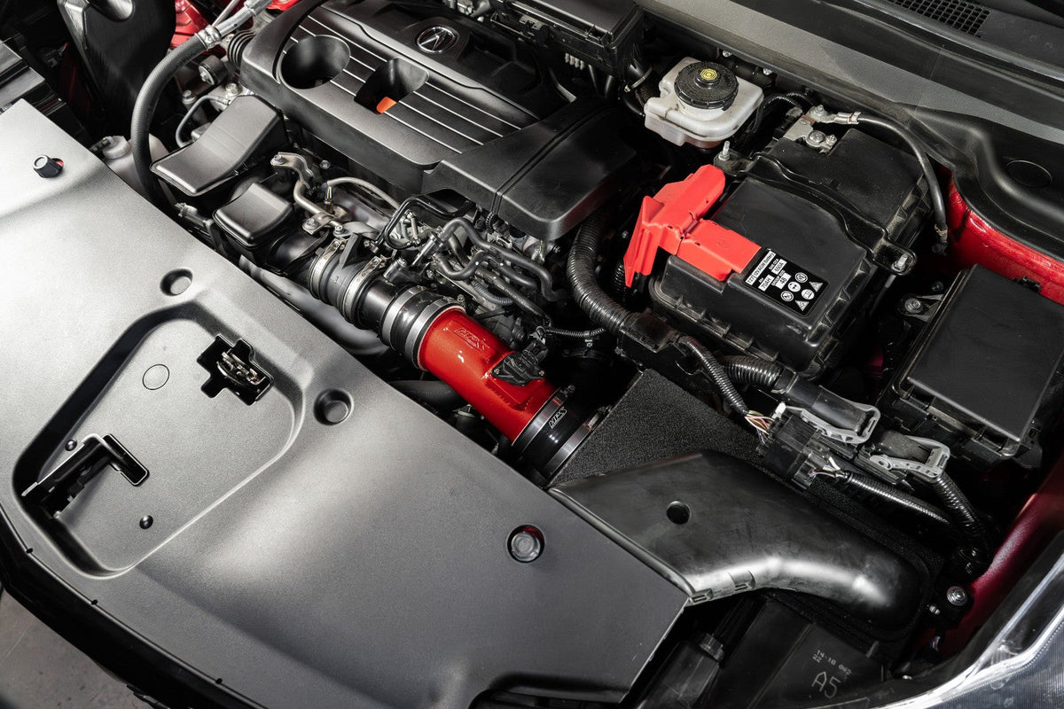 HPS Shortram Air Intake Heat Shield Kit for 19+ Acura RDX 2.0L Turbo TC1 / TC2 SKU 827-729R, red alternate installed engine bay view