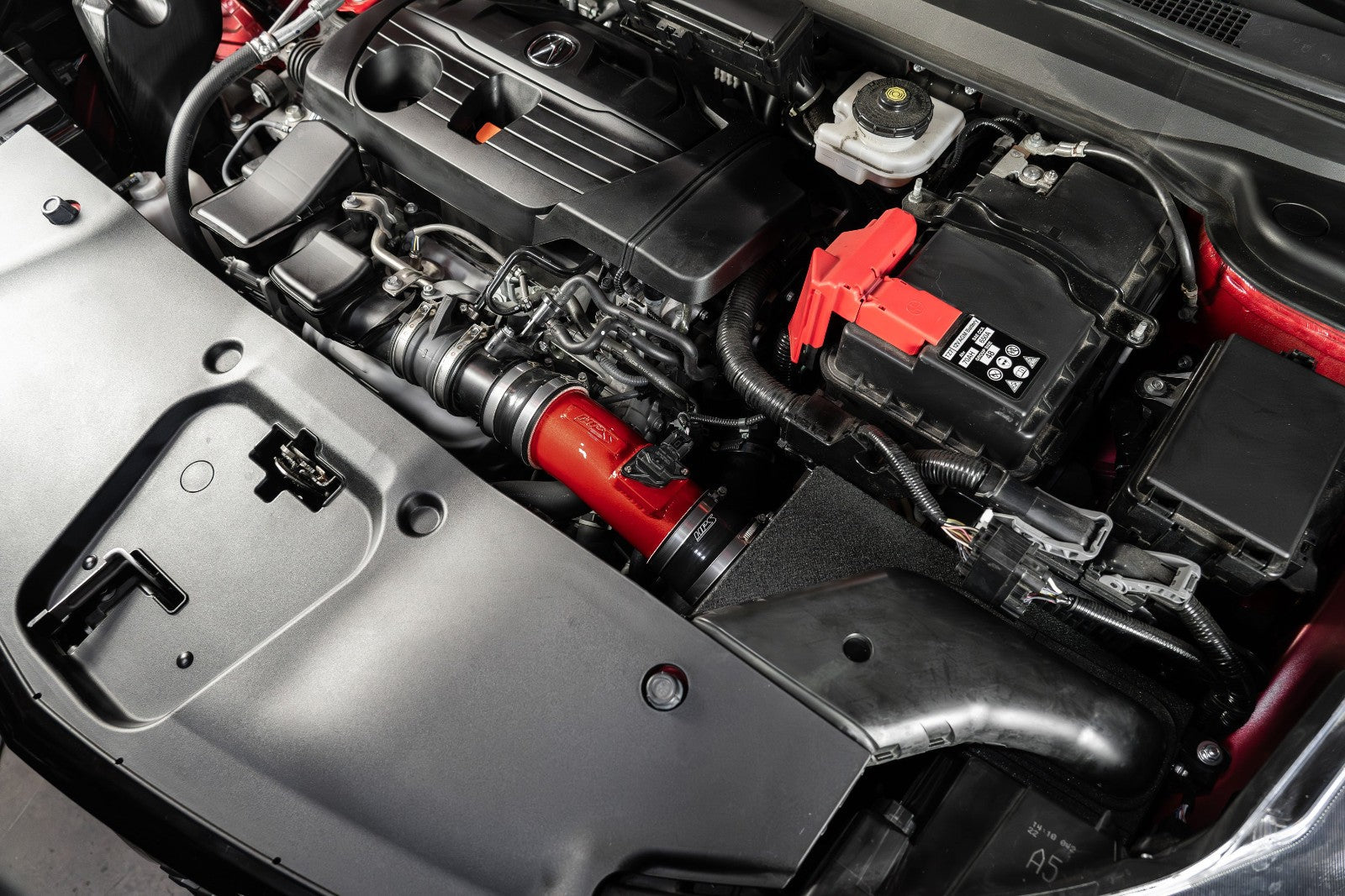 HPS Shortram Air Intake Heat Shield Kit for 19+ Acura RDX 2.0L Turbo TC1 / TC2 SKU 827-729R, red alternate installed engine bay view