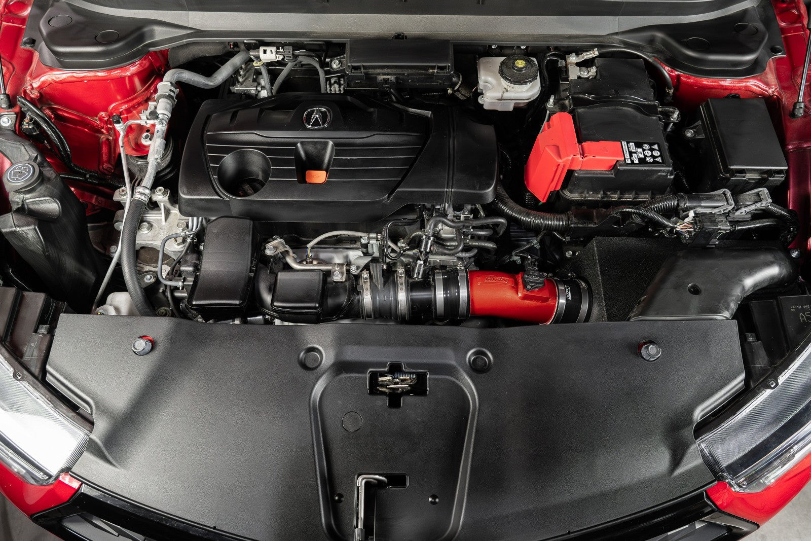 HPS Shortram Air Intake Heat Shield Kit for 19+ Acura RDX 2.0L Turbo TC1 / TC2 SKU 827-729R, red installed engine bay view