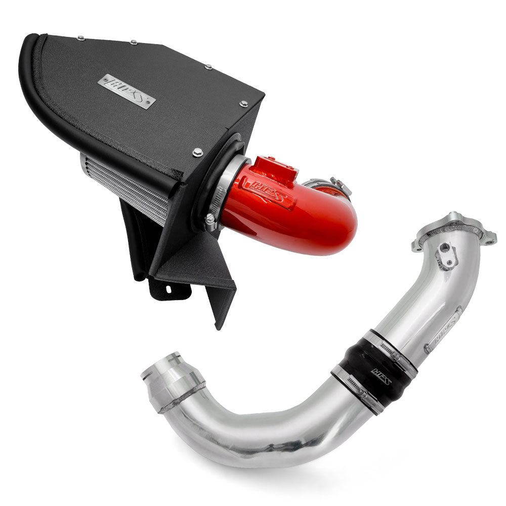 HPS Charge Pipe + Shortram Air Intake for 19+ BMW 1/2/4-Series 2.0L B48 Turbo SKU 827-770R, red and polished product view