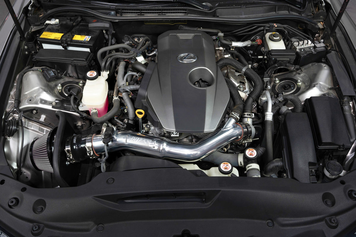 HPS Shortram Air Intake Heat Shield Kit for 21-25 Lexus IS300 2.0L Turbo XE30 SKU 827-777P, polished installed engine bay view