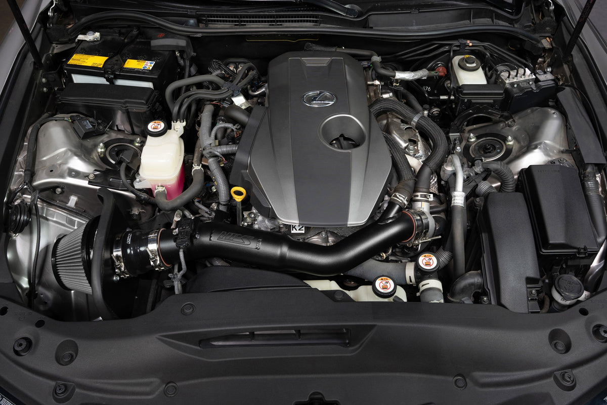 HPS Shortram Air Intake Heat Shield Kit for 21-25 Lexus IS300 2.0L Turbo XE30 SKU 827-777WB, wrinkle black installed engine bay view