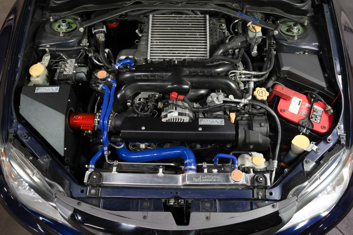 HPS Shortram Air Intake Heat Shield Kit for 08-14 Subaru Impreza WRX STI 2.5L Turbo GE GH GV GR SKU 827-778R, red installed engine bay view