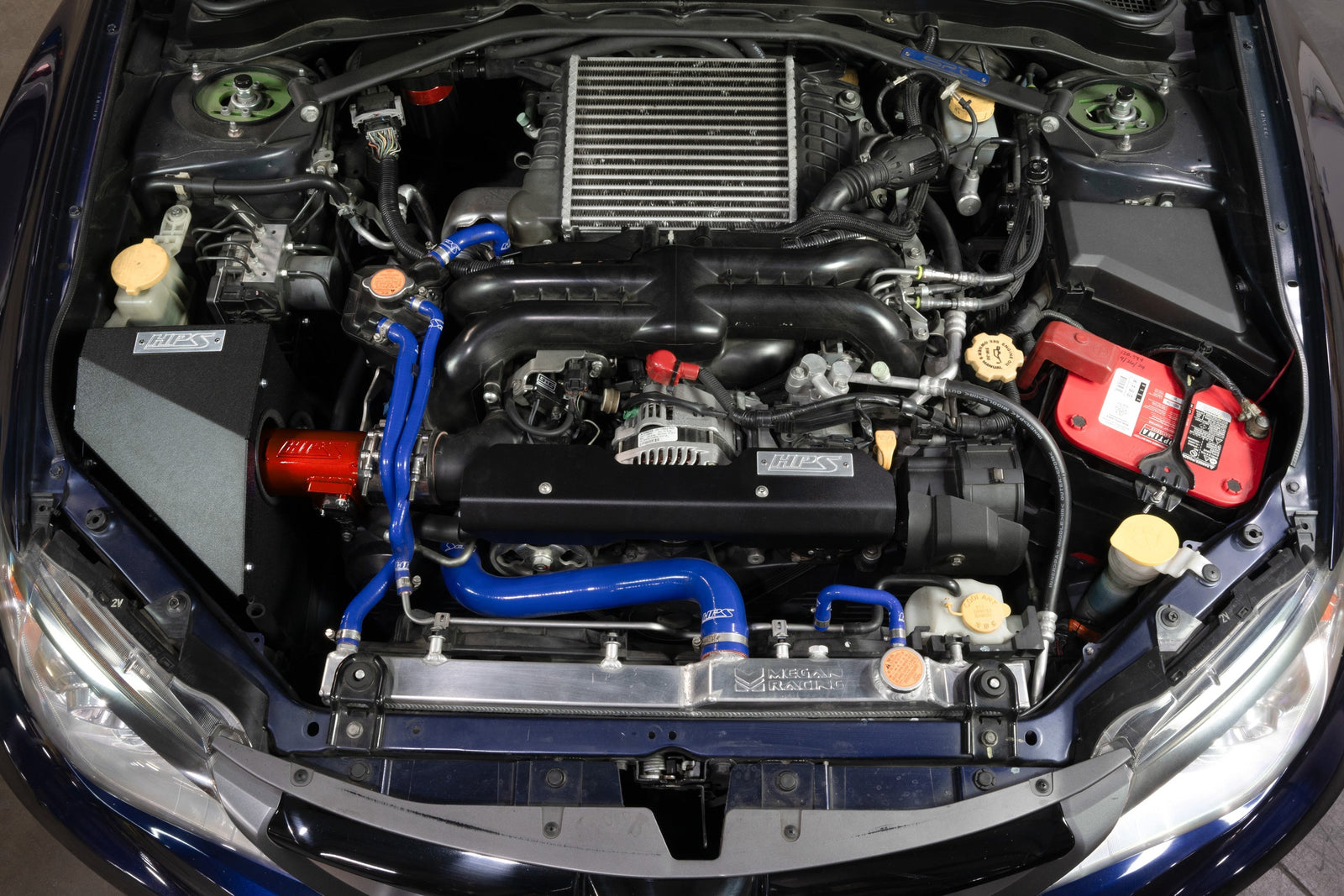 HPS Shortram Air Intake Heat Shield Kit for 08-14 Subaru Impreza WRX STI 2.5L Turbo GE GH GV GR SKU 827-778R, red installed engine bay view