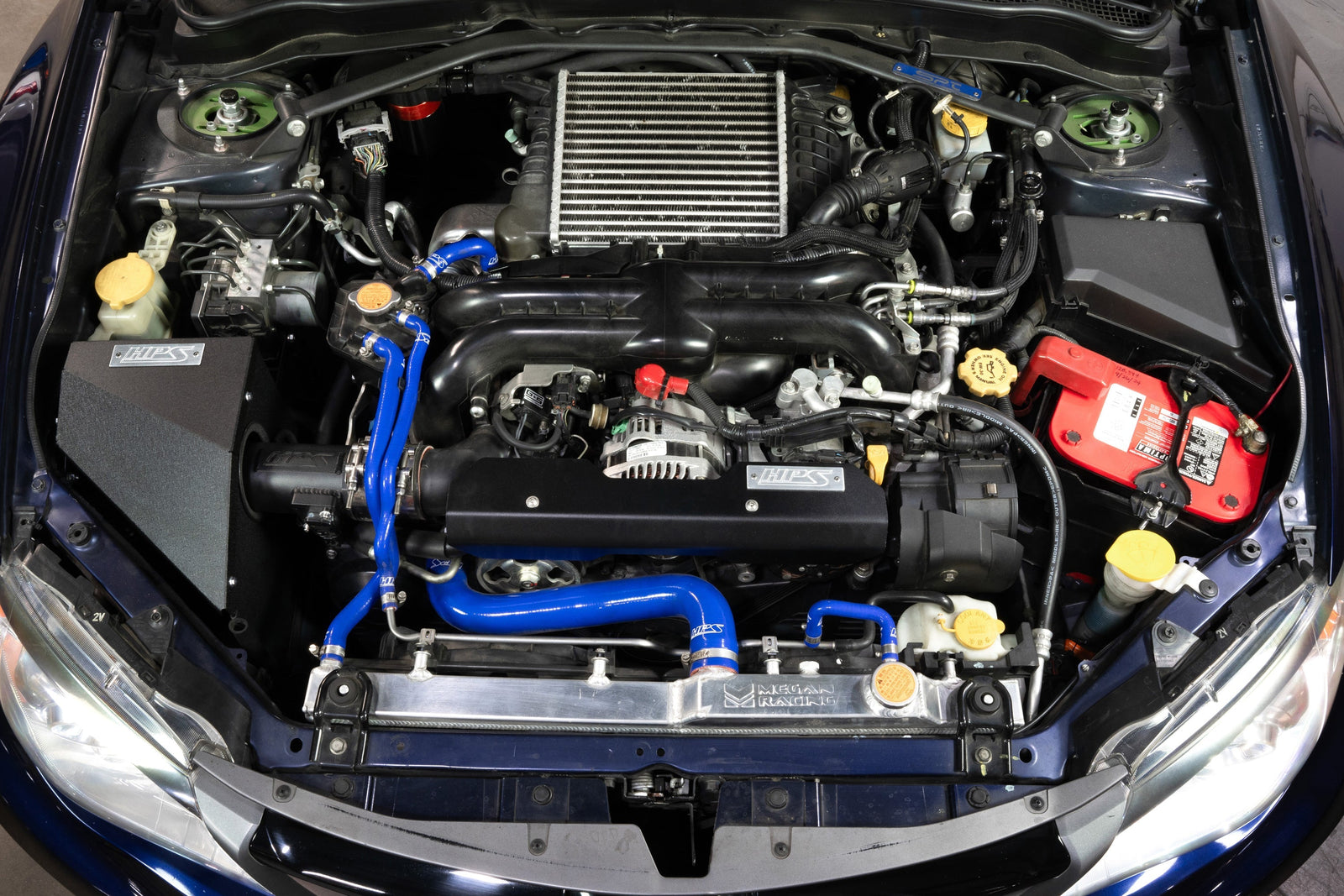 HPS Shortram Air Intake Heat Shield Kit for 08-14 Subaru Impreza WRX STI 2.5L Turbo GE GH GV GR SKU 827-778WB, wrinkle black installed engine bay view