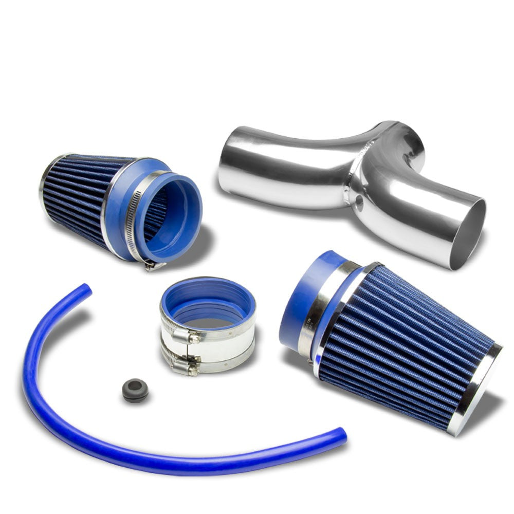 Dual Shortram Air Intake Polish Pipe+Blue Filter for 03-04 Grand Cherokee WJ 4.7