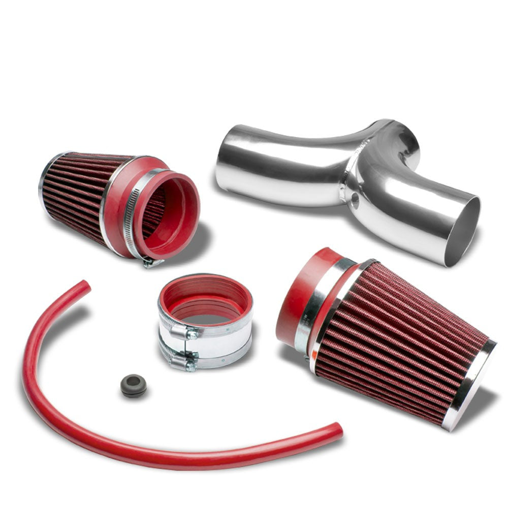 Dual Twin Shortram Air Intake Polish Pipe+Red Filter for 04-07 Liberty KJ 3.7L