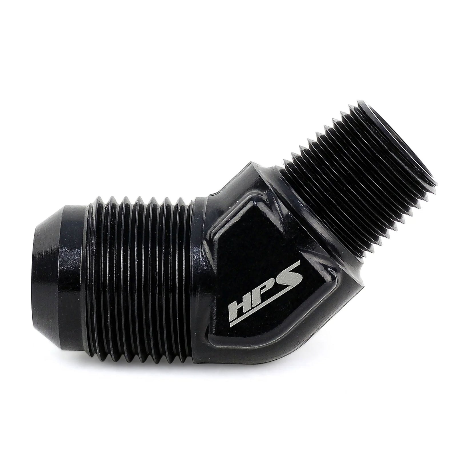 HPS AN Flare to NPT Adapter Fitting, 45 Degree, AN -6 to 1/4" NPT, Black Aluminum