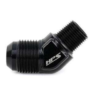HPS AN Male to NPT Adapter Fitting [45 Degree] [-6 to 1/4 NPT] (Aluminum, Black)
