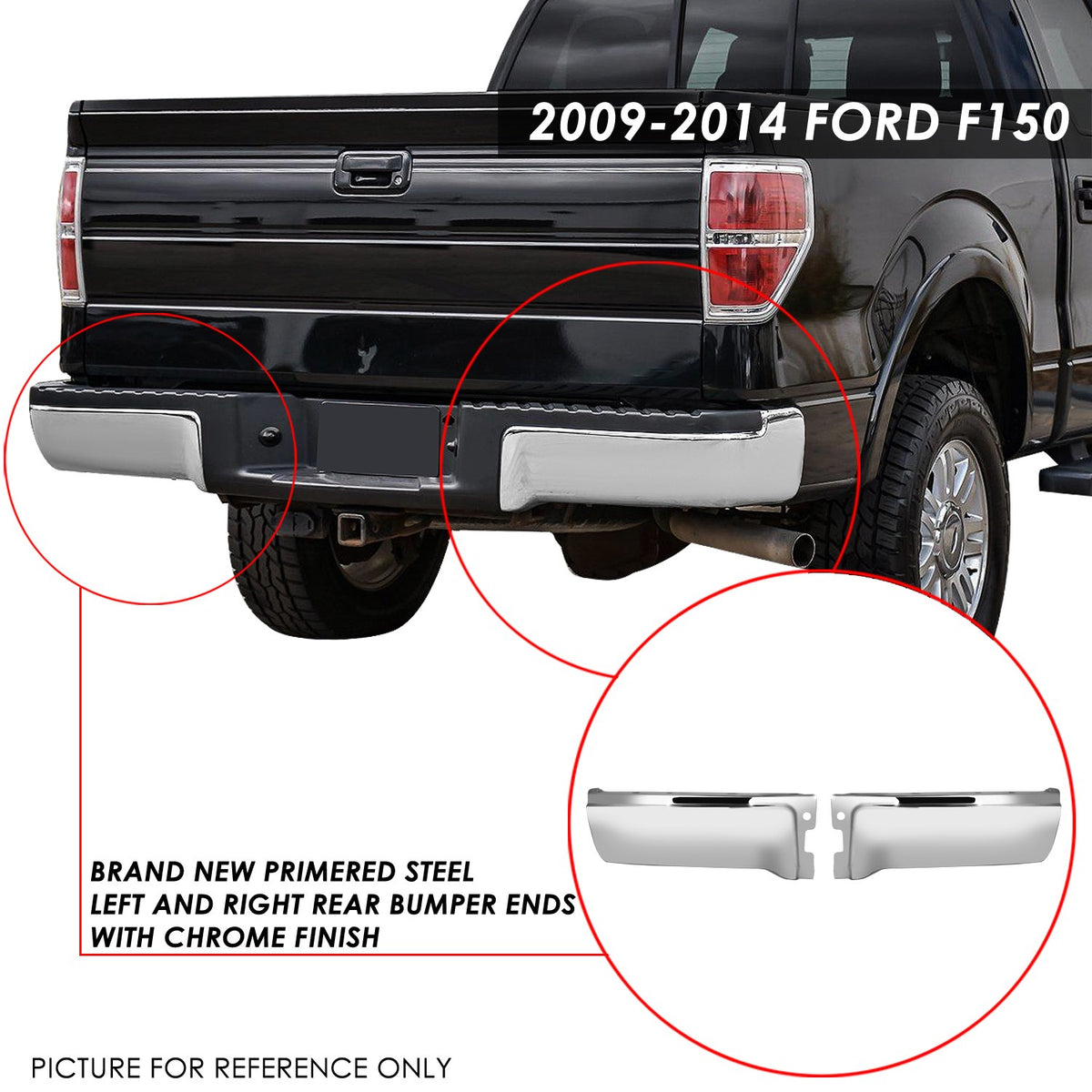 Chrome Rear Bumper End Cap [W/O Sensor Hole] For 09-14 Ford F-150 Fleetside P415