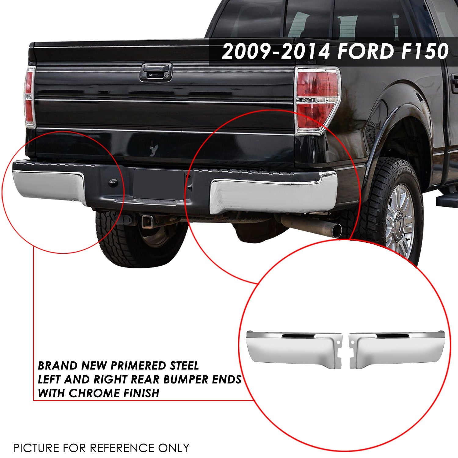 Chrome Rear Bumper End Cap [W/O Sensor Hole] For 09-14 Ford F-150 Fleetside P415