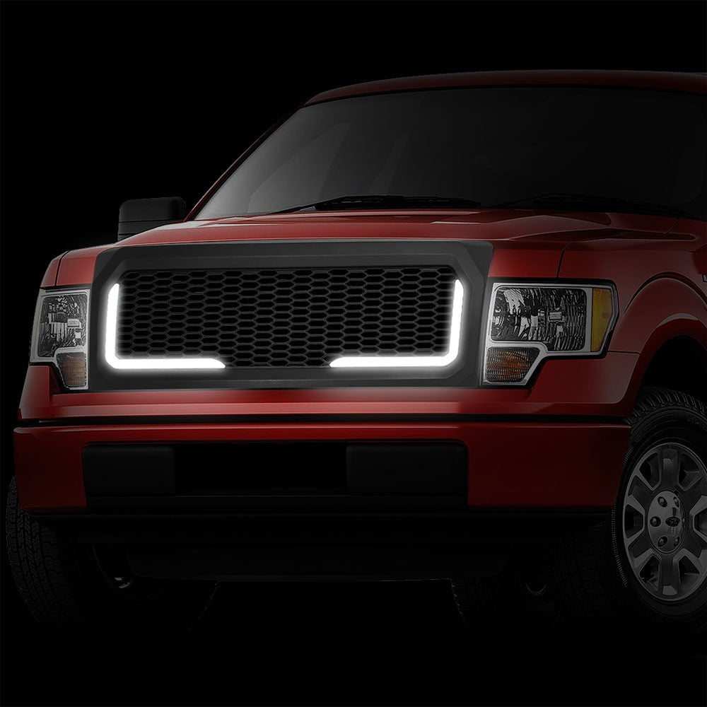 Matte Black Honeycomb Front Grille L-Shape LED Bar 09-14 Ford F-150 BFC-FGR-1-LB-013-T7