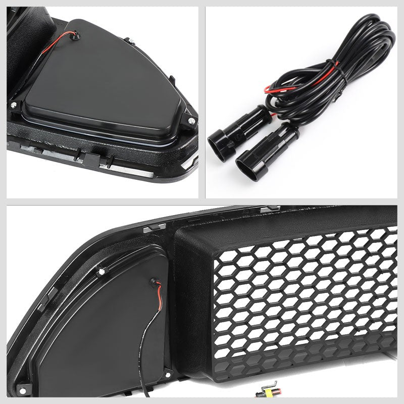 Honeycomb Matte Black Front Up Grille +LED DRL Running Light For 15-17 Mustang
