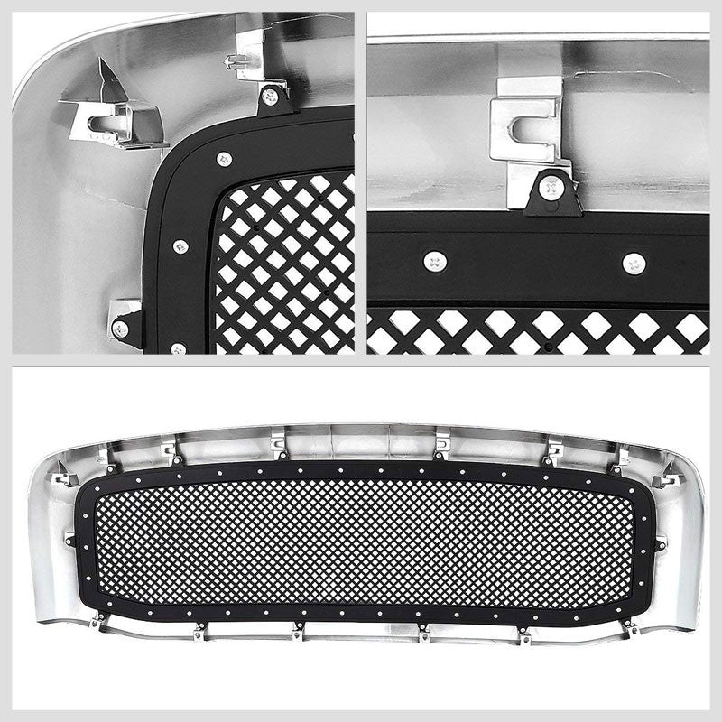 Chrome Frame/Black Rivet Diamond Mesh Style Front Grille For 06-09 Ram 2500/3500