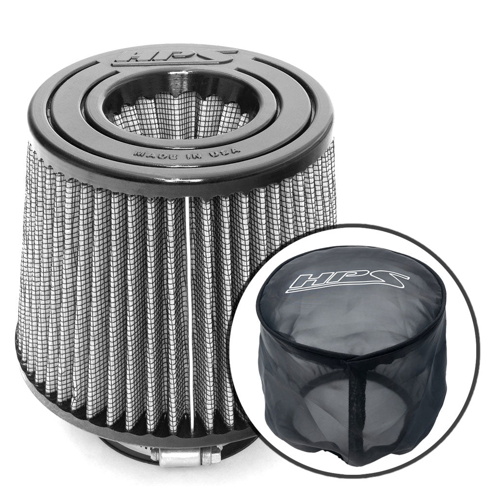 HPS-4342+9147 HPS 3.25" Round Open Top Dual Cone Air Filter+Sock 5.75" L, 5.5" B, HPS-4342