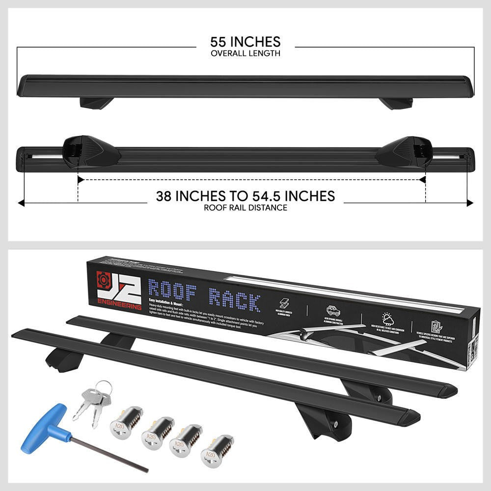 J2 38"-55" Adjustable Black Universal Top Roof Rack Cross Bar Raise Rail J2-RR-135-BK