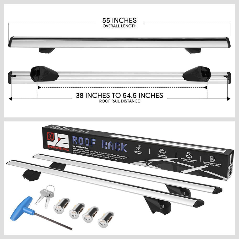 J2 38"-55" Adjustable Silver Universal Top Roof Rack Cross Bar Raise Rail J2-RR-135-WH